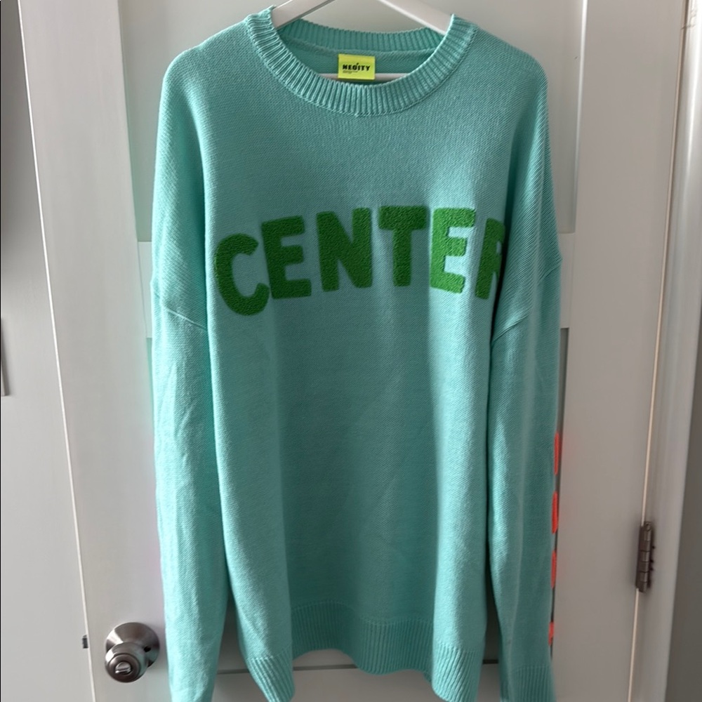 Green Crewneck Sweater with Tone-on-Tone Text